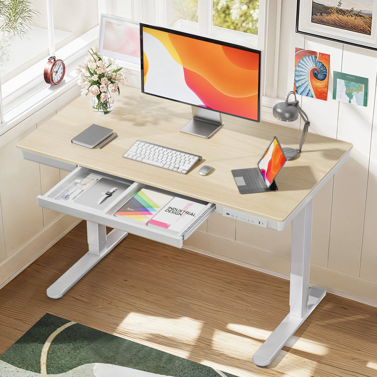 Inbox Zero Flavio height-adjustable standing desk with drawer and USB ports 28'' H x 48'' W x 24'' D, Natural/White