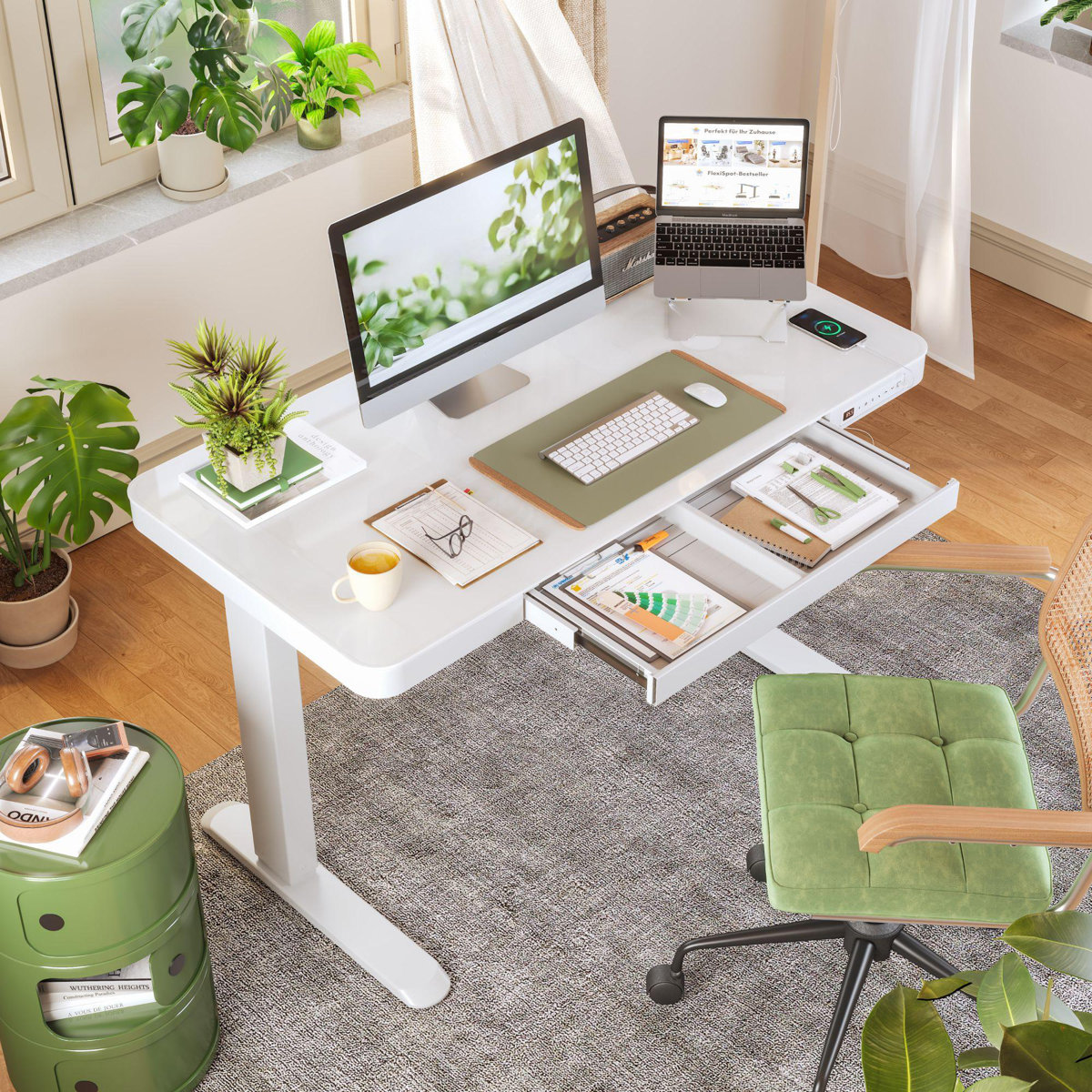 Inbox Zero 48-inch glass standing desk with USB ports White