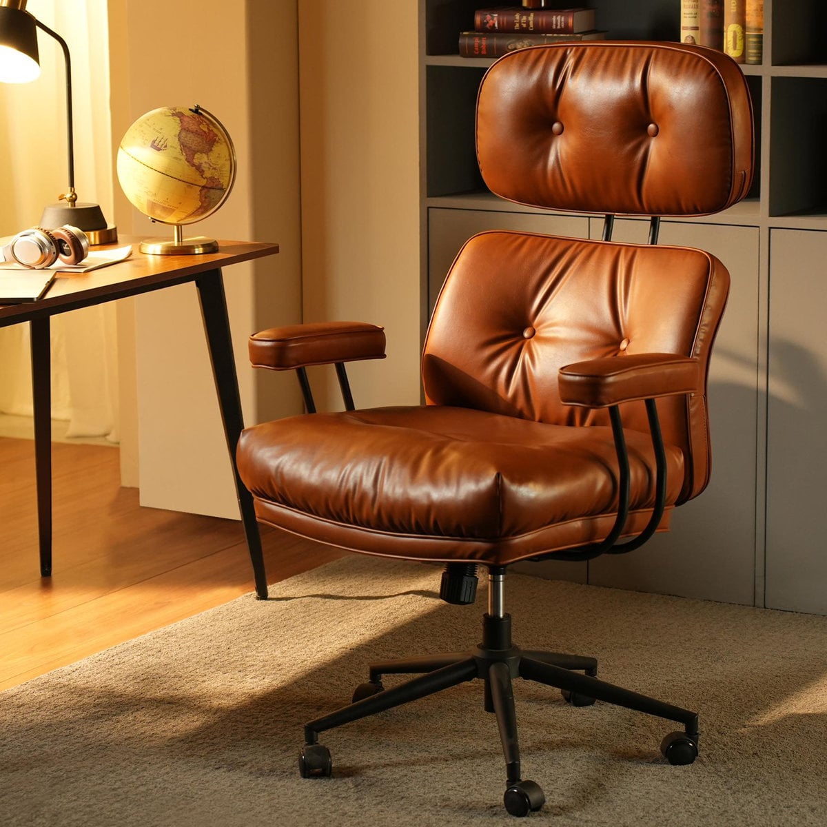 17 Stories Schaffer big and tall ergonomic office chair Black Frame/PU Leather Light Brown Upholstery