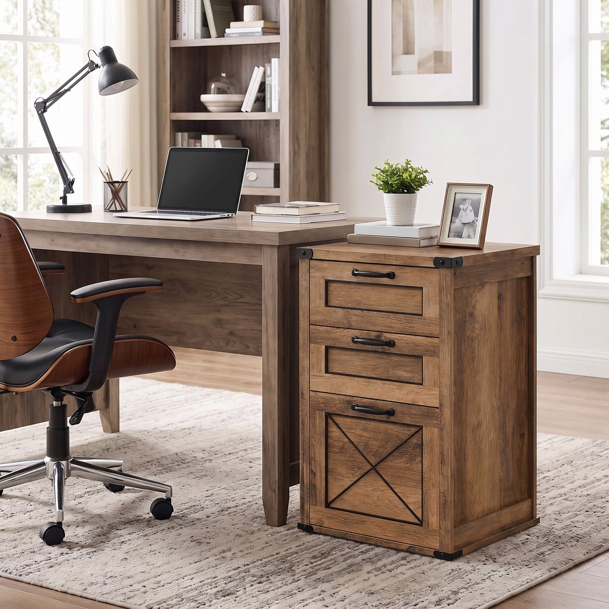 Gracie Oaks farmhouse barn-door three-drawer file cabinet Brown