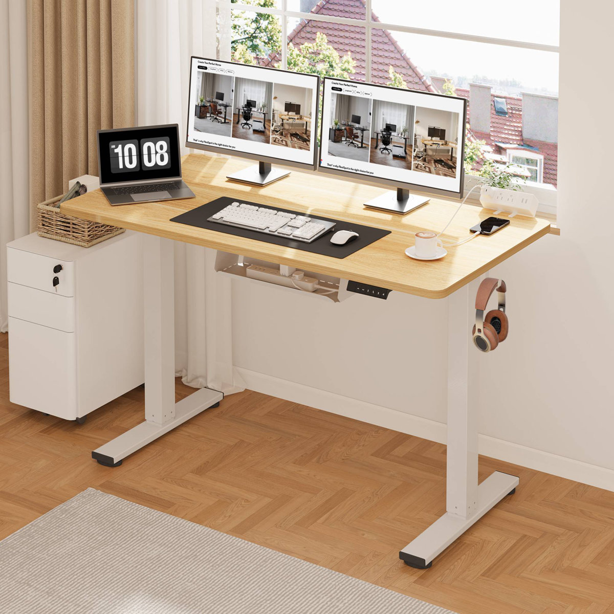 Twillery Co. Mancheer standing desk with USB ports 45.7" H x 48" W x 24" D, Maple/White