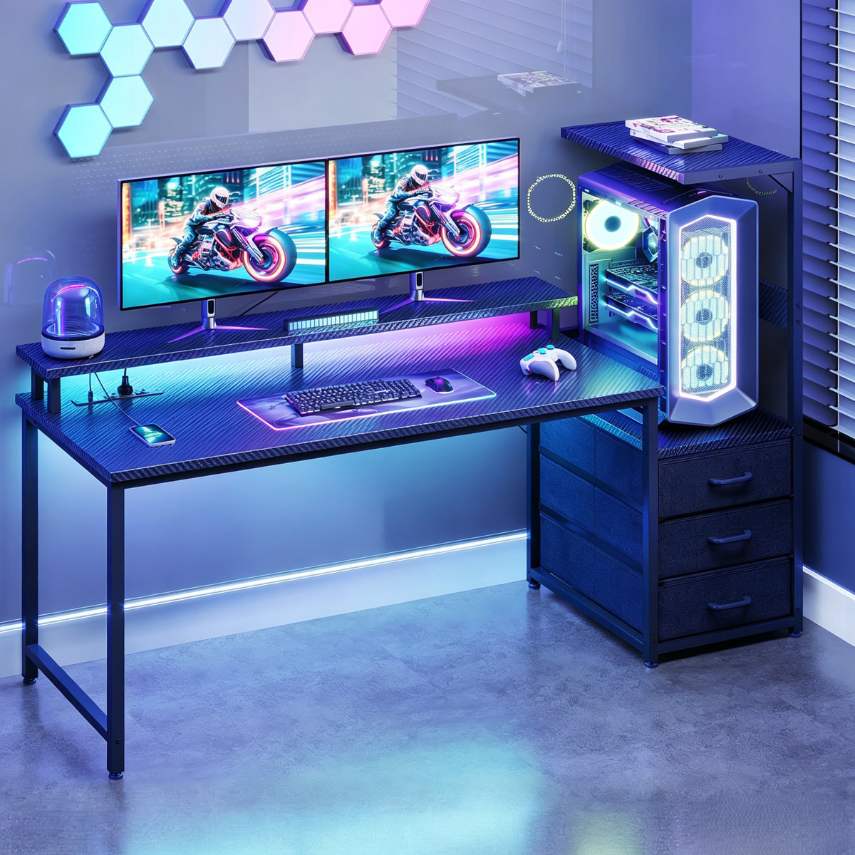 Wrought Studio Nellie gaming desk with monitor shelf Black