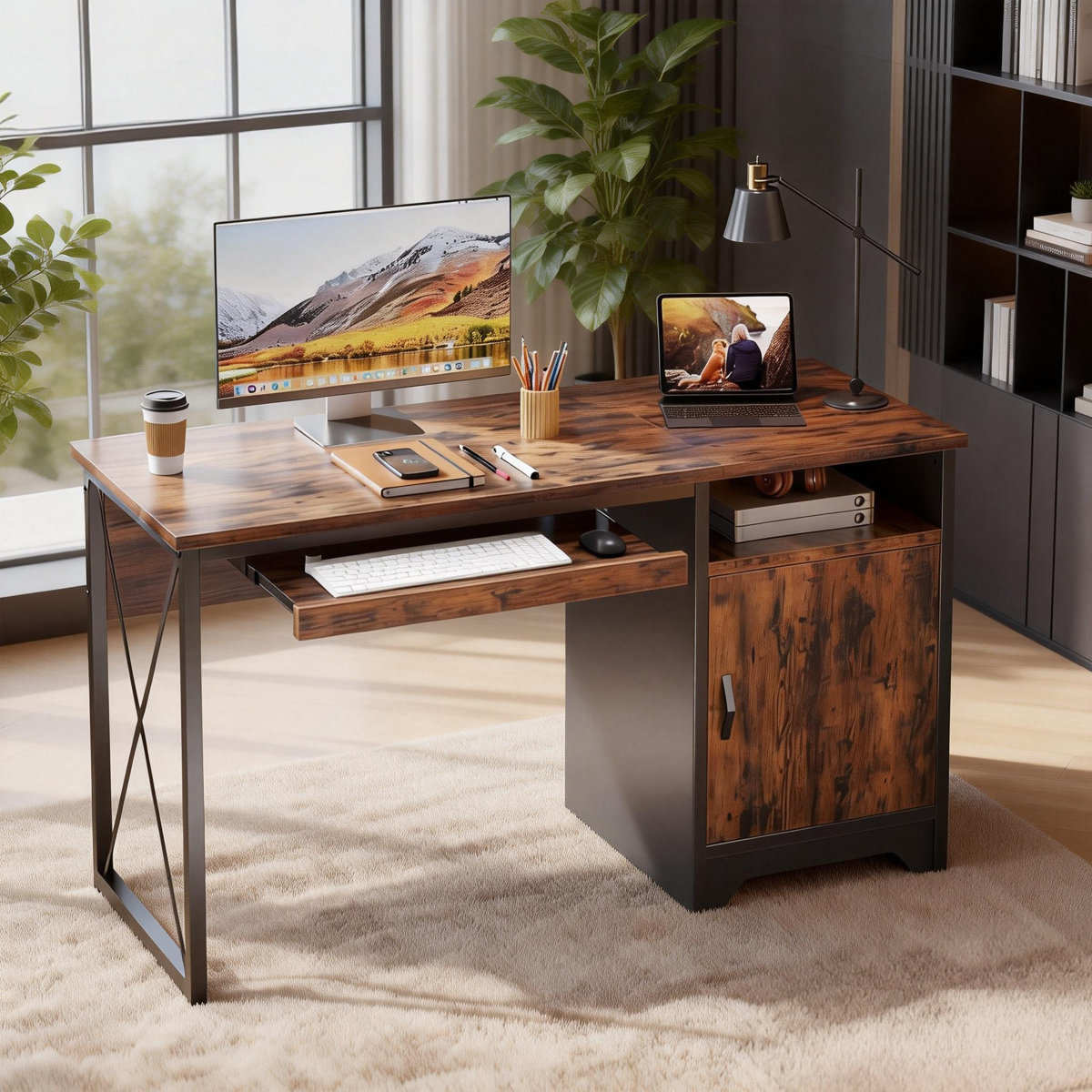 17 Stories Daylon 48-inch desk with keyboard tray and filing drawer 30" H x 48" W x 21.6" D, Rustic Brown