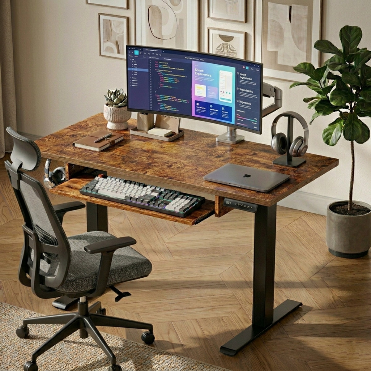 Inbox Zero Lilja electric standing desk with keyboard tray 27.5" H x 55" W x 24" D, Brown