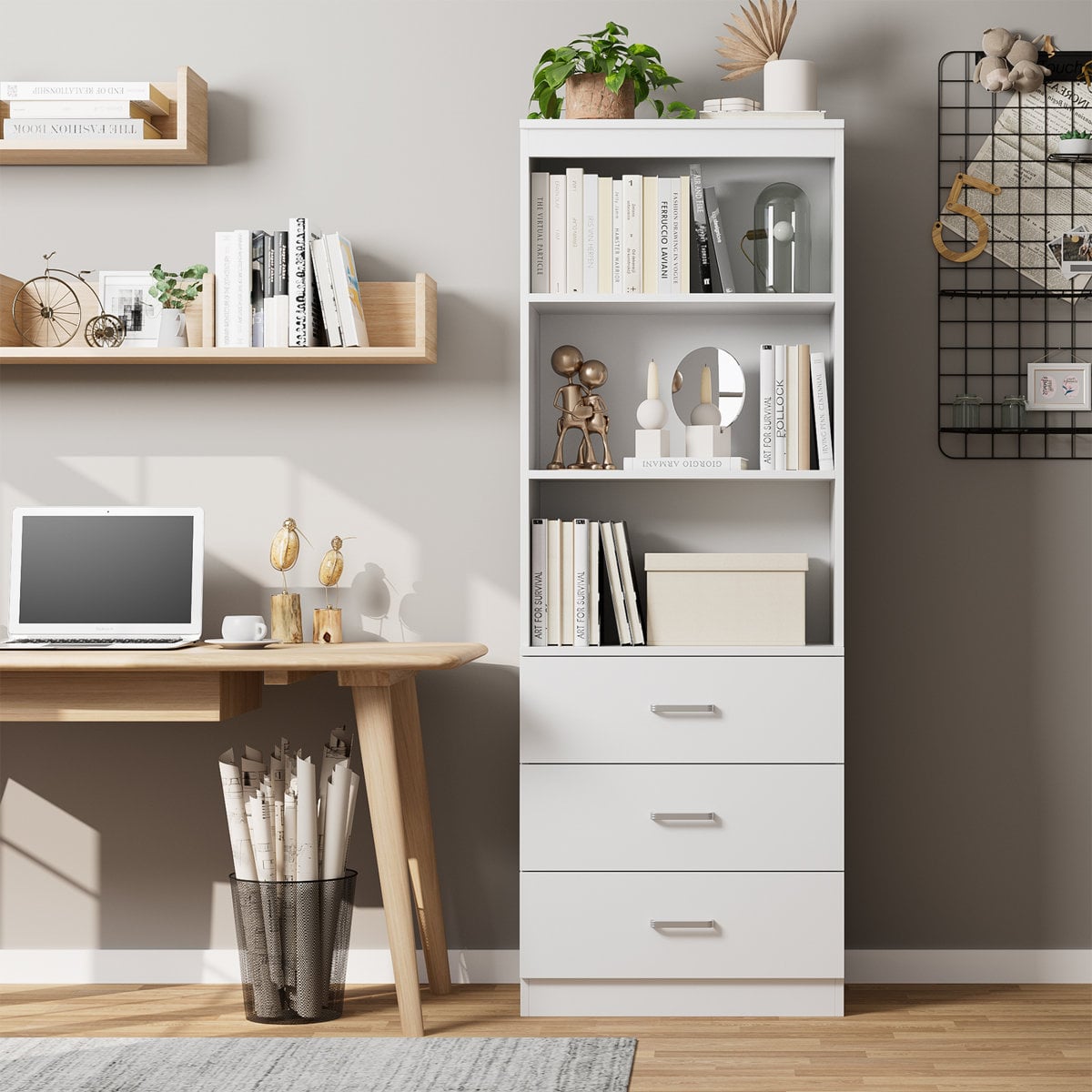 Inbox Zero Kahler bookcase with three drawers White