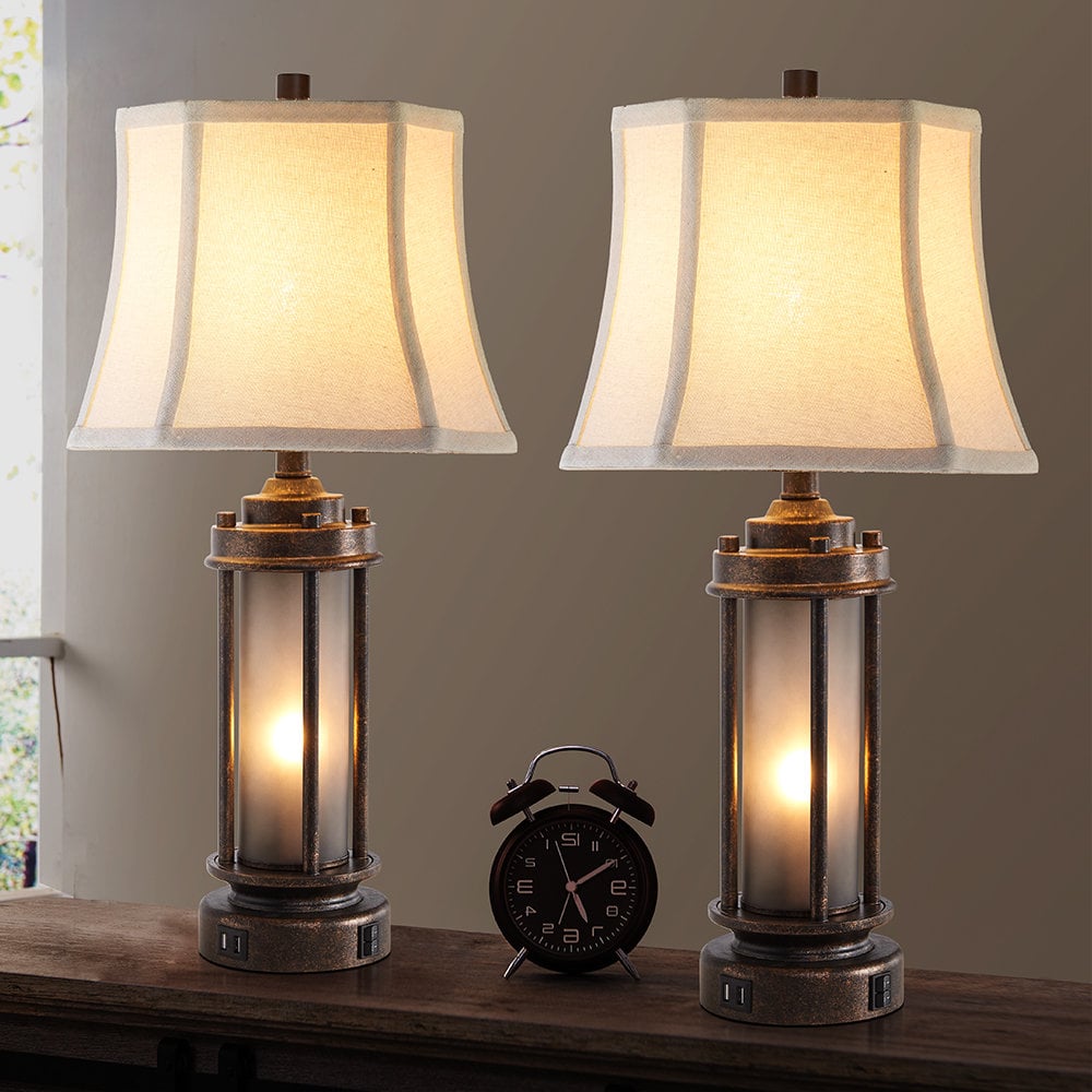 Lark Manor Louann 25-inch table lamp set with night light and USB ports Brown