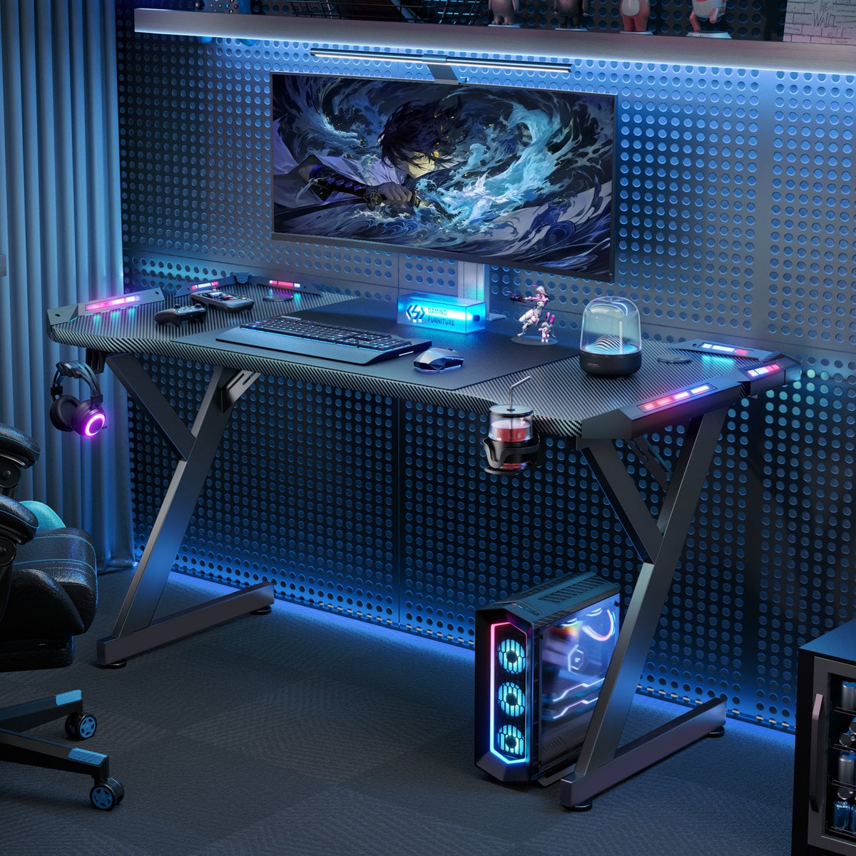 Wrought Studio Grell gaming desk with LED lights 29" H x 47" W x 24" D